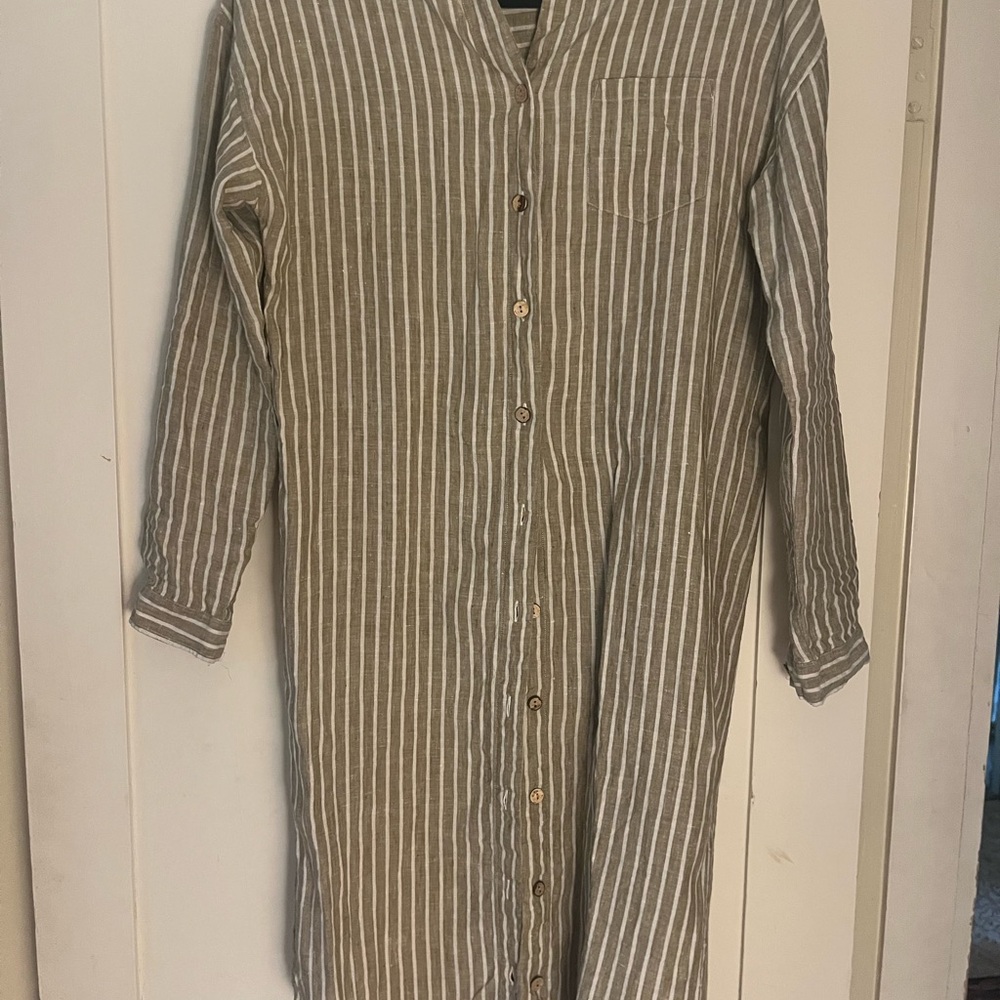 Road to Nowhere Montauk Shirt Dress in Linen - Khaki Stripe XS